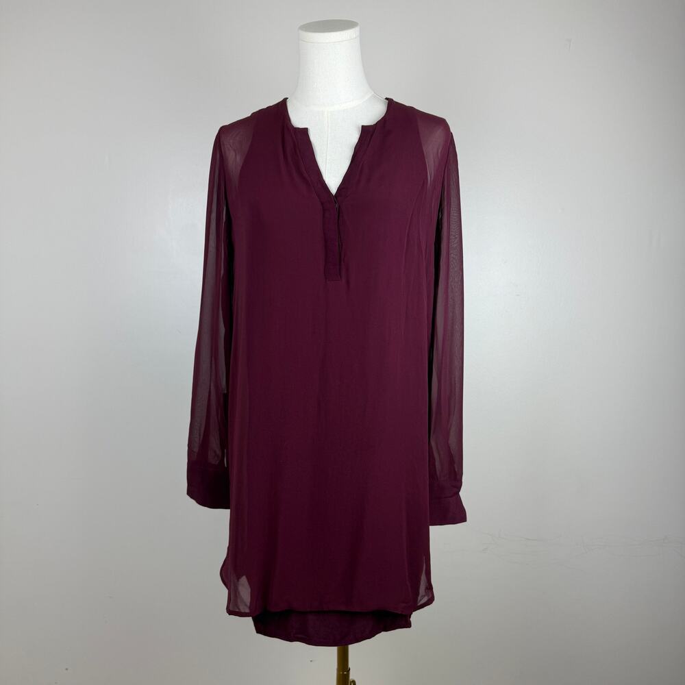 Vince 100% Silk Crepe Double Layer Mini Dress Wine Burgundy Sheer Sleeve Size 2